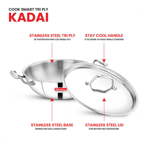 TRIPLY STAINLESS STEEL KADAI WITH LID (Induction Friendly)