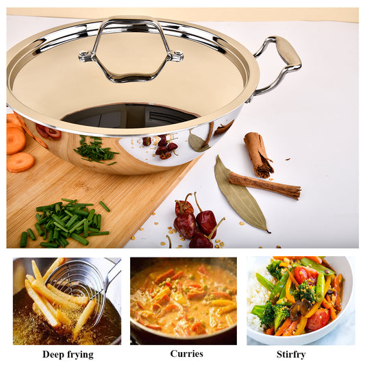 TRIPLY STAINLESS STEEL KADAI WITH LID (Induction Friendly)
